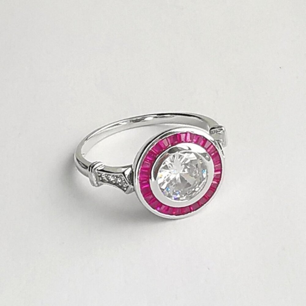 Art Deco White Sapphire and Ruby Ring in Sterling Silver - Picture 8 of 9